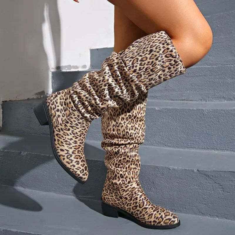 2024 High Quality Women's Shoes Slip-on Women's Boots Leopard Print Modern Boots Women Winter Plus Size Knee-High Boots