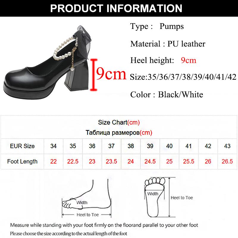 Rimocy Sweet Pearl Strap Platform Pumps for Women Ribbon Bowtie High Heels Mary Janes Shoes Woman Chunky Heel Elegant Pumps 2024