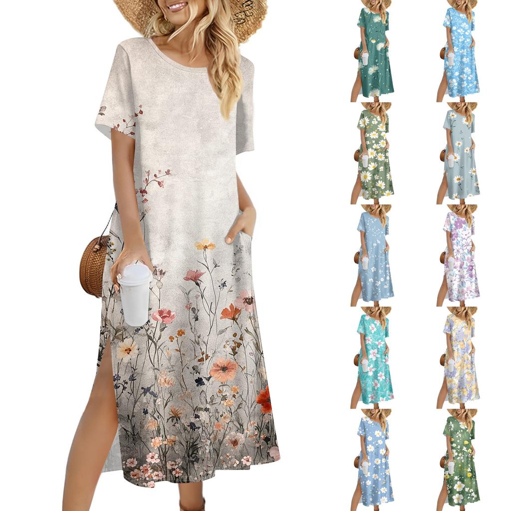 Ladies' Fashionable Summer Retro Floral Print Dress, Casual Beach Dress, Slender Vacation Dress