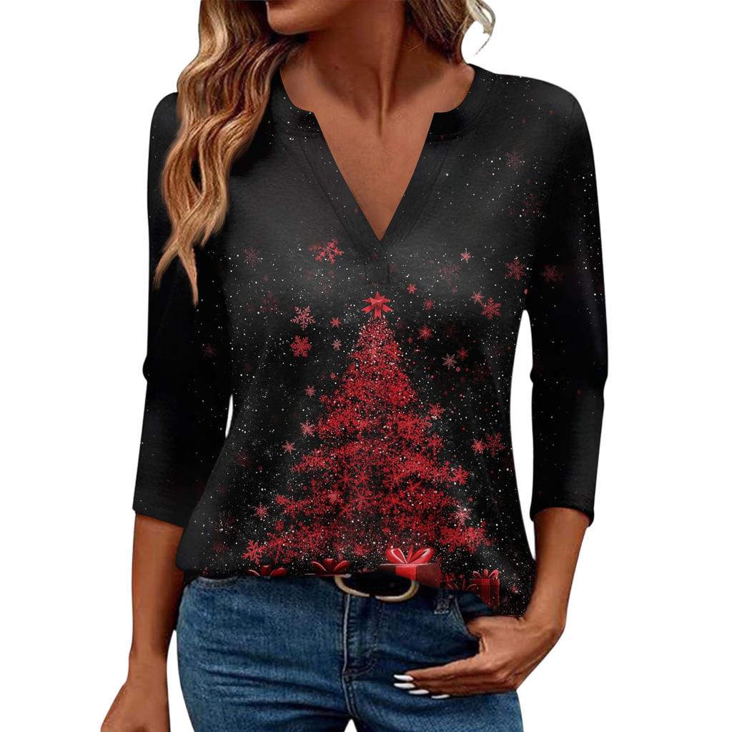 Women's Casual Fashionable Sexy Comfortable V-Neck Christmas Three-Quarter Sleeve Top