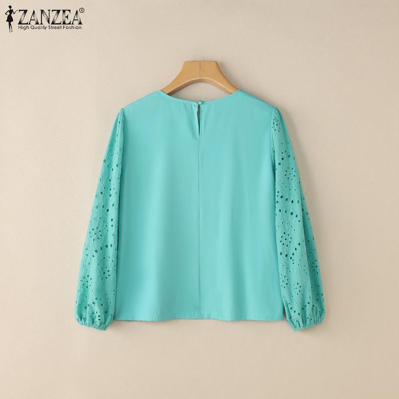 ZANZEA Women Casual Round Neck Long Sleeve Patchwork Lace Crochet Blouse
