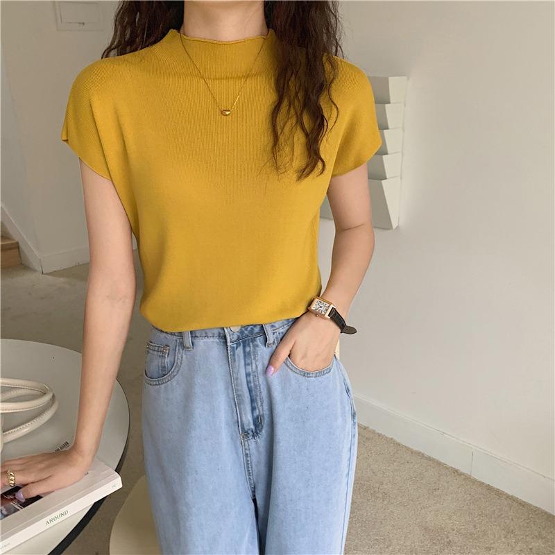 Ice Silk Knitted Short-sleeved Top Women's Semi-turtleneck Slim Knitted Sweater Women's Shirt Base Outer Wear Short Summer