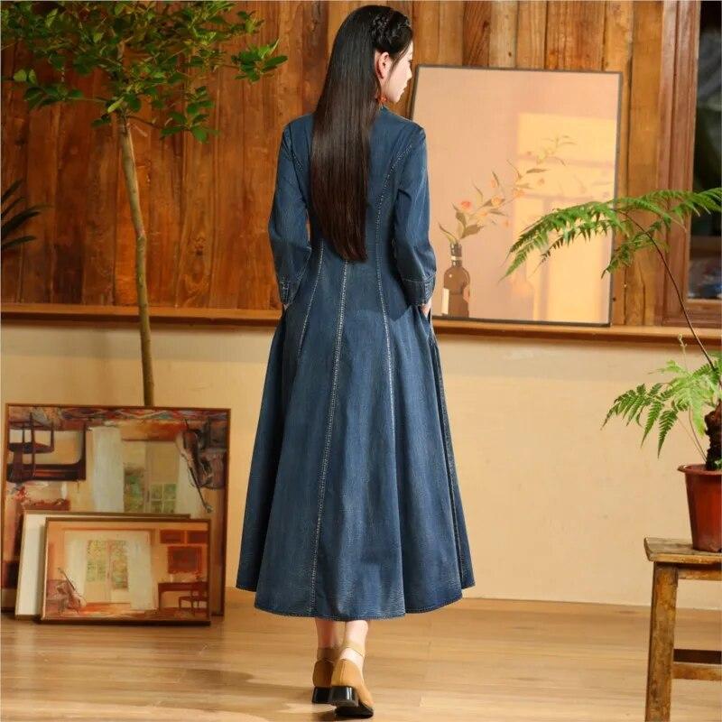 Johnature Vintage Chinesischen Stil Stickerei Baumwolle Einreiher Kleid Frau Frühling V-Ausschnitt Lange Ärmel A-Linie Kleid