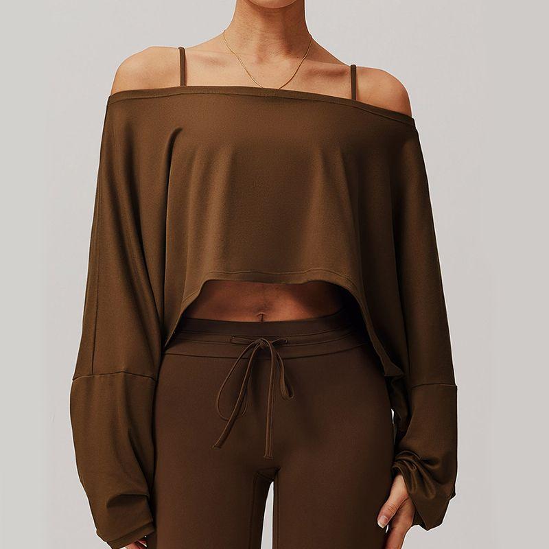 

Fashion Fitness Sports Long-Sleeved Top Women s off-Shoulder Batwing Sleeve Outwear Loose Leisure All-Matching Yoga Clothes Blouse Birch tea Brown XL