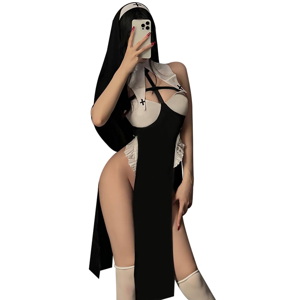 Sister Nun Sexy Sleeveless Hooded Cosplay Costume Erotic Slit Extreme Exposure Saint Church Pastor Choir Halloween Costume One Piece Stockings