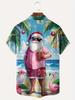 Men'S Retro Hawaiian Style Santa Claus Beach Print Short-Sleeve Shirt - Button- Collar Shirt with Pocket, Featuring a Design of Santa in Flip-Flops