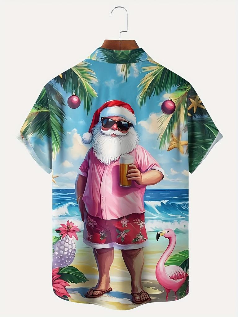 Men'S Retro Hawaiian Style Santa Claus Beach Print Short-Sleeve Shirt - Button- Collar Shirt with Pocket, Featuring a Design of Santa in Flip-Flops