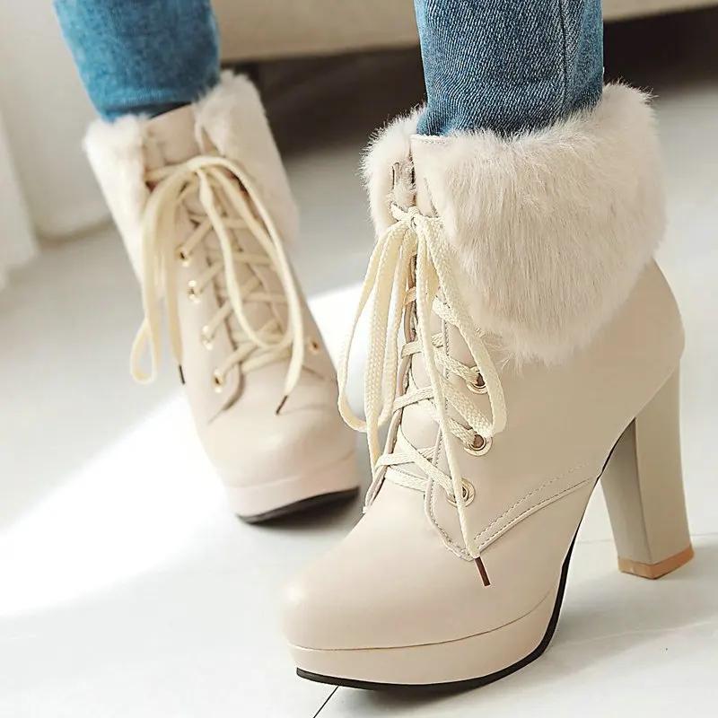 Fashion 2024 New High-heeled Boots Round Head Waterproof Platform High-heeled Mao Mao Women's Boots Sweet Front Lace-up Short Shoes