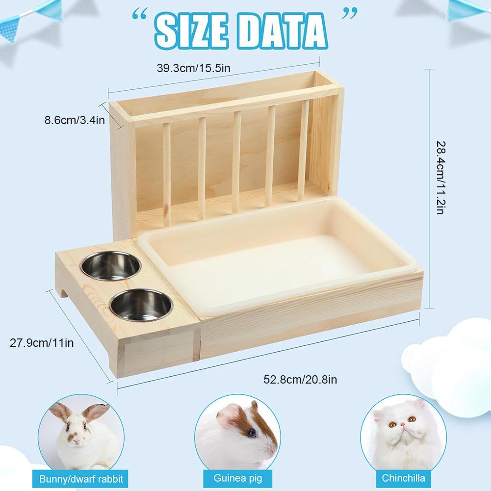 Bunny Feeder Manger with Litter Tray Hay Food Dispenser Multifunction Solid Wood Rabbit Feeder for Rabbit Hamster Guinea Pig