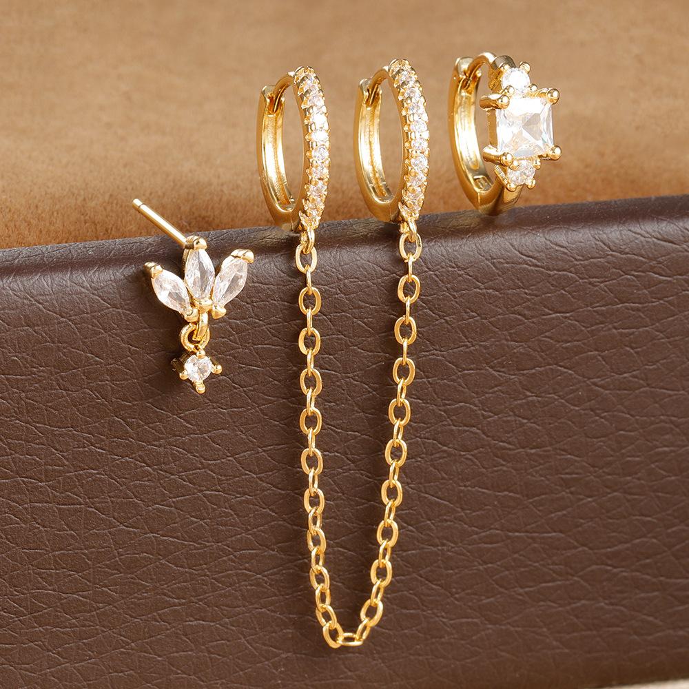3PCS Stainless Steel Long Chain Two Hole Piercing Earrings Set for Women Tassel Horse Eye Zircon Small Hoop Earrings Jewelry