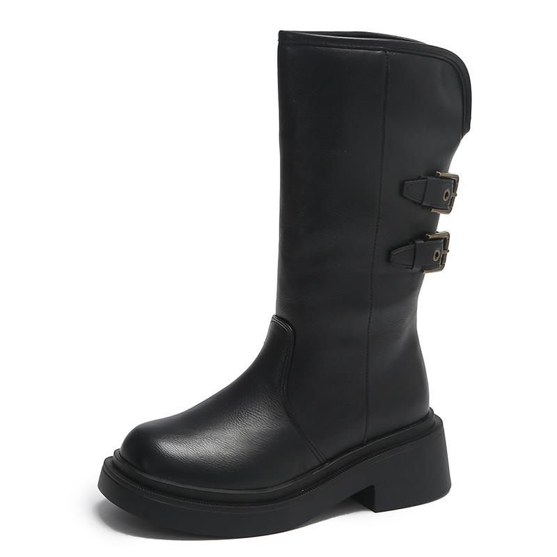 fashion Women's Pu Leather Thick Heel Mid Calf Boots Classic Solid Double Metal Buckle Platform Boots Autumn Round Toe Mujer Boots