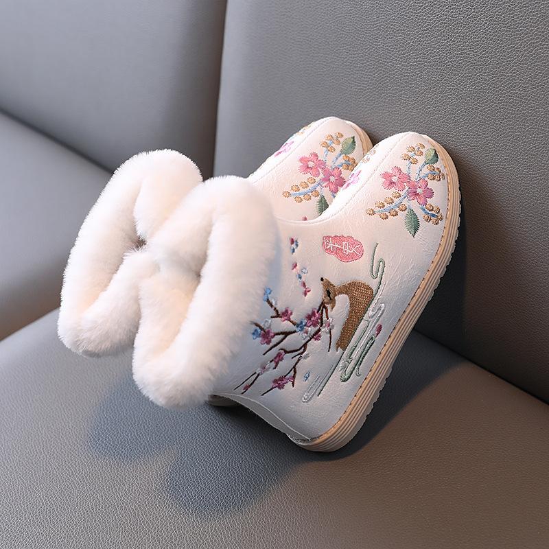 Girls Ethnic Style Embroidery Large Size Thick Bottom Winter Warm Fur One Snow Boots Thickened Lined Ankle Boots Non-slip Hiking Sports Cotton Boots