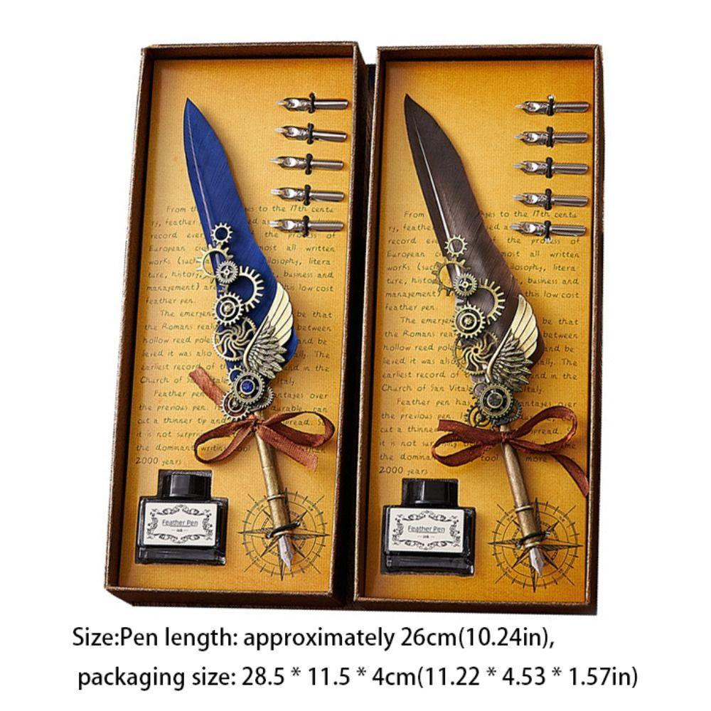 Replaceable 5 Nib Metal Signature Pen Retro Punk Feather Pen  Writing Accessories