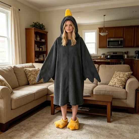 1 set Gåsfiltshoodie, Unisex Tecknad Pyjamas Set, Överdimensionerad Mjuk Varm Bodysuit med Gul Näbb Design, Vinterfest Sovkläder för Vuxna Barn