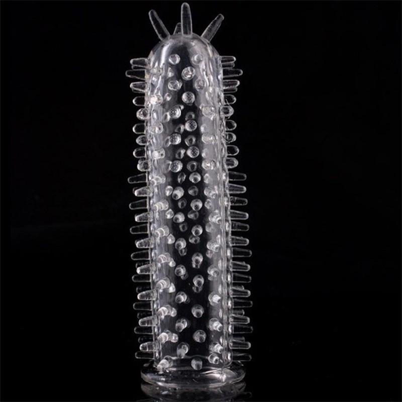 Giocattolo sexy per adulti con punte in silicone di cristallo punteggiato a costine trasparente riutilizzabile per preservativo per massaggio del pene