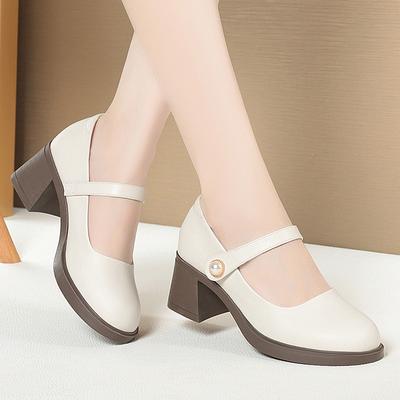 Shallow Mouth Single Shoes for Women Mary Jane Versatile Small Leather Shoes Round Toe Thick Heel Soft Sole Soft Leather Elegant Ladies Leather Shoes