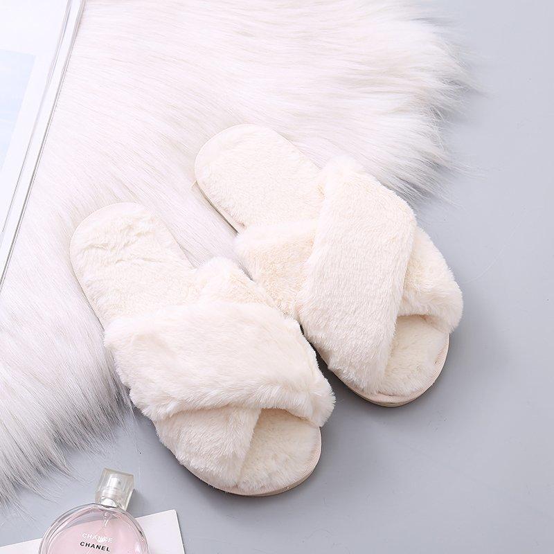 Winter New Women Slippers Faux Fur Cross Fluffy Flat Slippers Women's Home Floor Flip Flops Fashion Plush Warm Slippers WSH3748