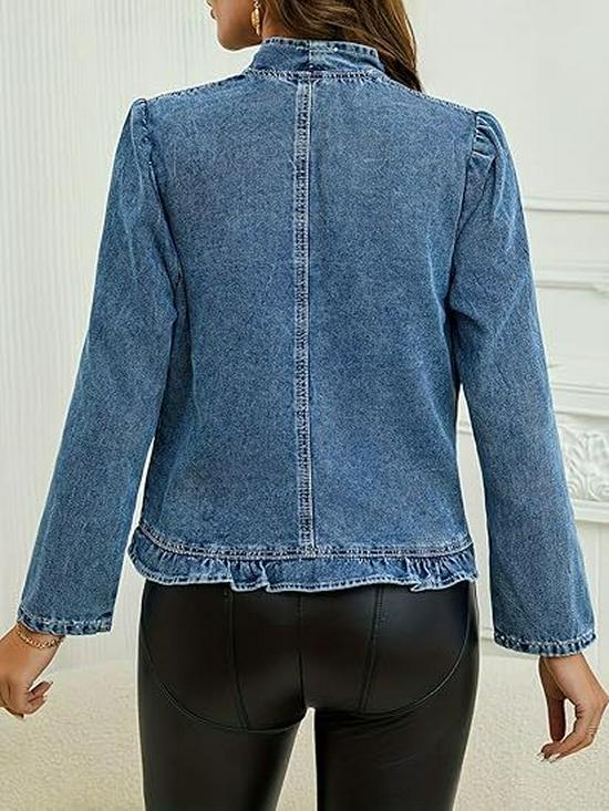 Women's 2026 Ruffled Denim Jacket - Long Sleeve, Short Style, Washed Slimming Cardigan