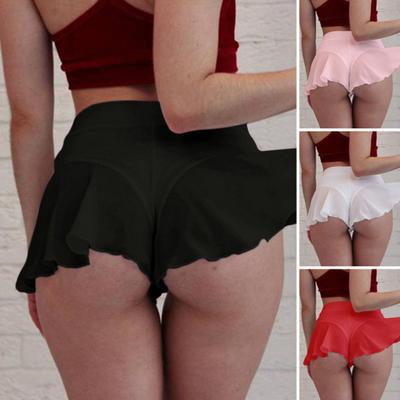 Women Sexy Shorts Ruffle High Waist See-through Mesh Ultra Short Solid Color Soft Elastic Butt-exposed Bedroom Honeyoon Mini Shorts