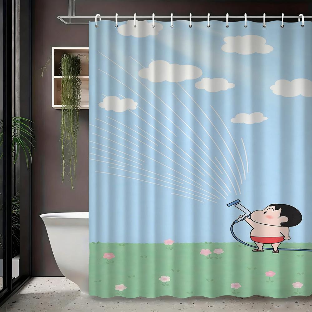 Crayon Shin-chan & Friends with Shiro 2D Print Waterproof Shower Curtain, Green Anime Bathroom Decor with Hooks