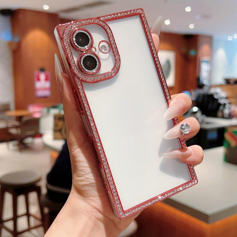Glitter Diamond Frame Clear TPU Phone Case For iPhone 16 Pro 15 Pro Max 14 13 Transparent Shockproof Soft Bumper Cover