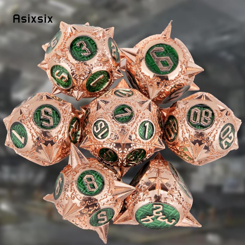 7 Pcs Copper Green Meteor Hammer Metal Dice Solid Metal Polyhedral Dice Set Suitable For Role-Playing Dice PropBoard Game Gift