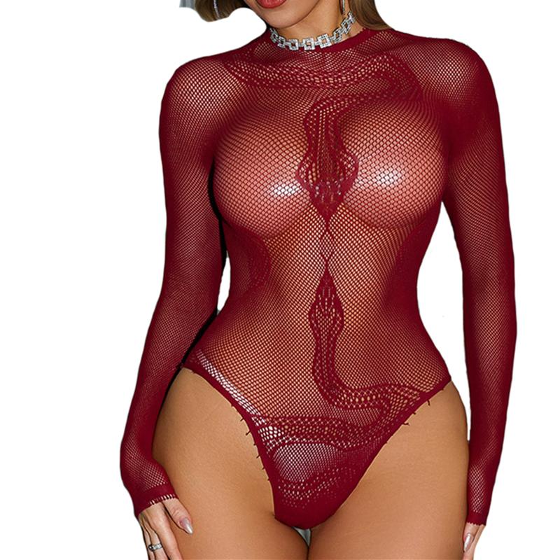 Women Sexy Lingerie Teddy Snake Pattern Babydolls Long Sleeves Costumes Fish Net Perspective Jumpsuit Bodysuit Cosplay Outfits