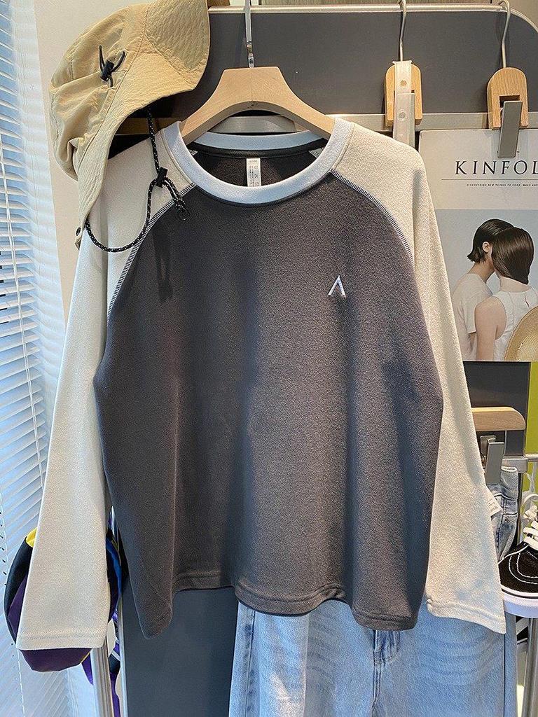 2025 Autumn/Winter Women's Dopamine Color Block Warm Plush Raglan Long Sleeve Base Layer T-shirt.