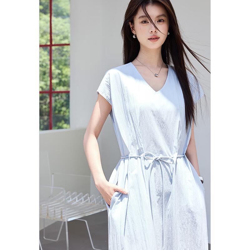 VICTORIA&VERA Summer V-Neck Drop-Shoulder Tie-Waist Midi Dress