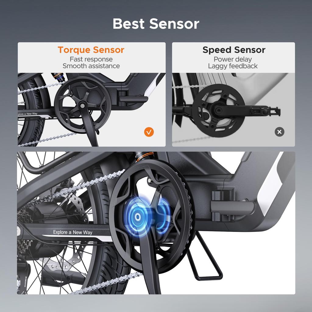 The ENGWE electric bicycle comes with an app, a 48V 13.5Ah battery (range up to 135 km), and 20*3.0 tires.L20 3.0 BOOST