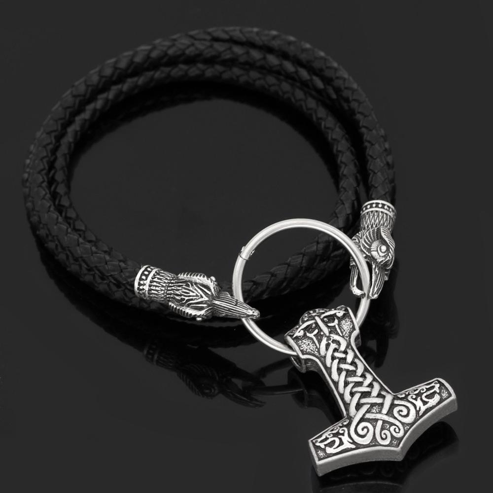 Norse Viking Raven Pendant Cord Odin's Ravens Of Thor's Hammer Amulet Axe Crow Chain Necklaces Men Ethnic Jewelry Drop Shipping