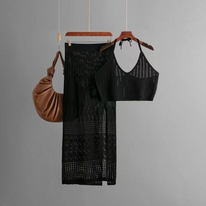 Western Style Sexy Knitted Hollow out Vest Skirt Two-piece Set Knitted Vest and Skirt Set