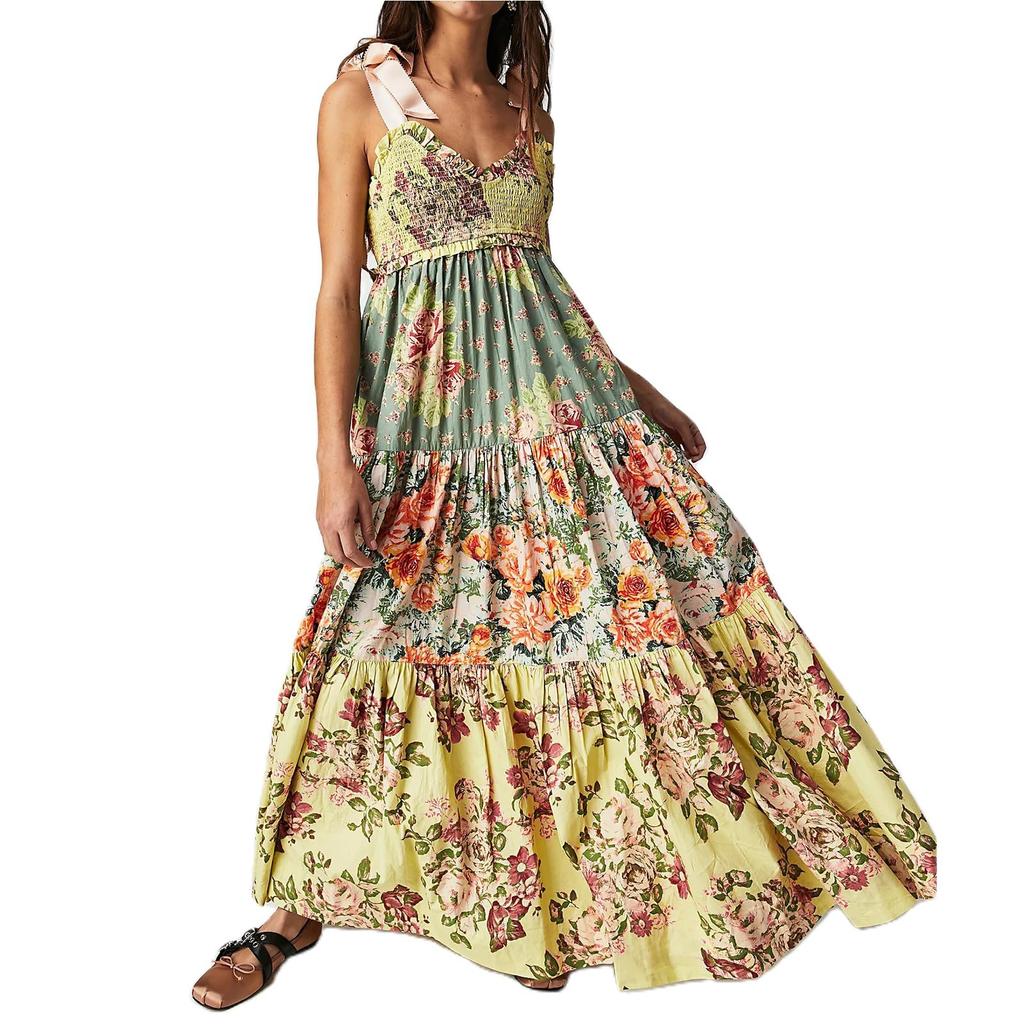 Damen Sommerkleider Fließendes, gesmoktes Maxikleid Ärmellos Binden Schulter Boho Kleider Blumen Strand Sommerkleider