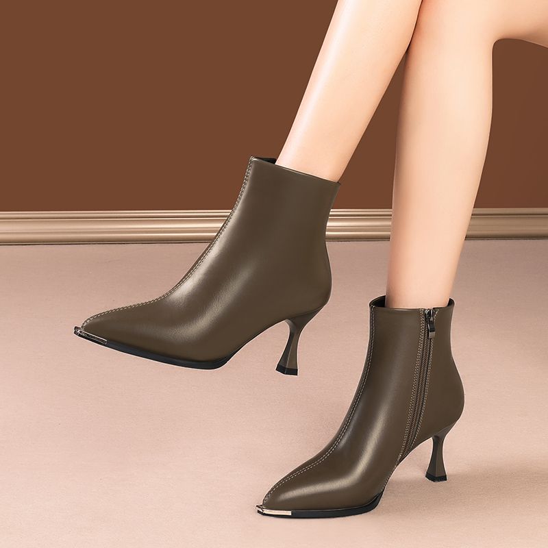 Heeled Leather Pointed Toe Woman Short Shoes Autumn Winter Waterproof Warm Ankle Boots For Women New Trend  Booties Sale