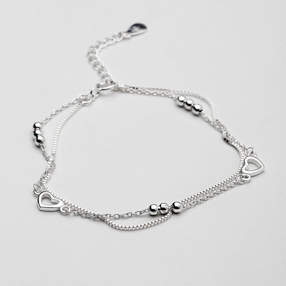 2-row chain heart ball silver bracelet