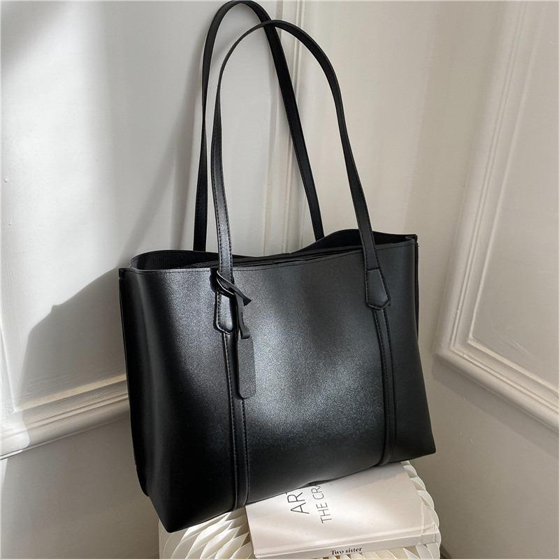 Simple Solid Color Large Capacity Tote Bag Casual Soft Leather Shoulder Bag for Women