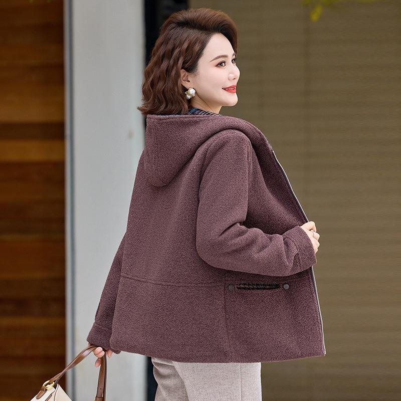 Women's Stylish Hooded Faux Wool Winter Jacket for Middle-Aged and Elderly