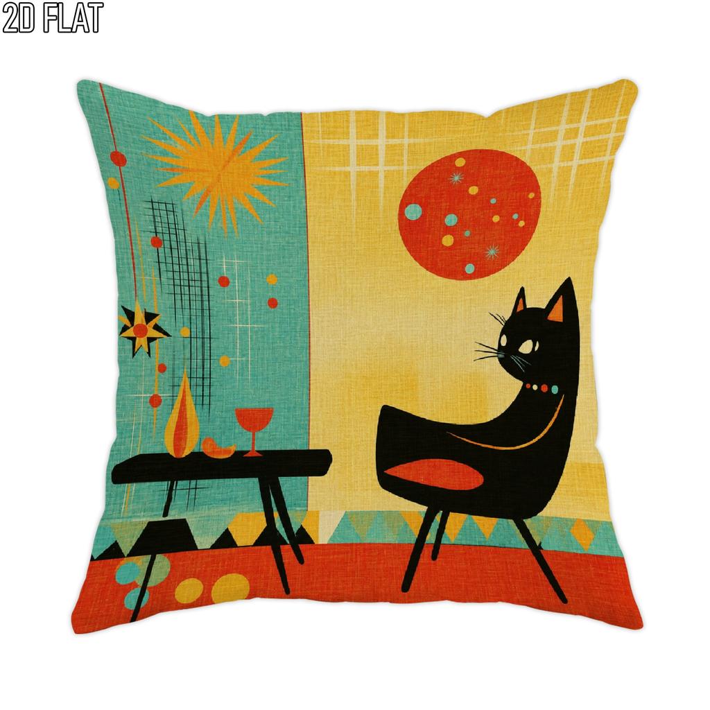 2D Flat 1pc Christmas Retro Cat Throw Pillow Covers Orange Blue Cozy Decorative Pillowcases One Sided