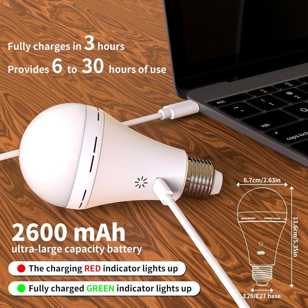 Rechargeable E26 Light Bulb with Remote Control and Three-Color Dimming for Wall and Table Lamps, No Power Source Required.