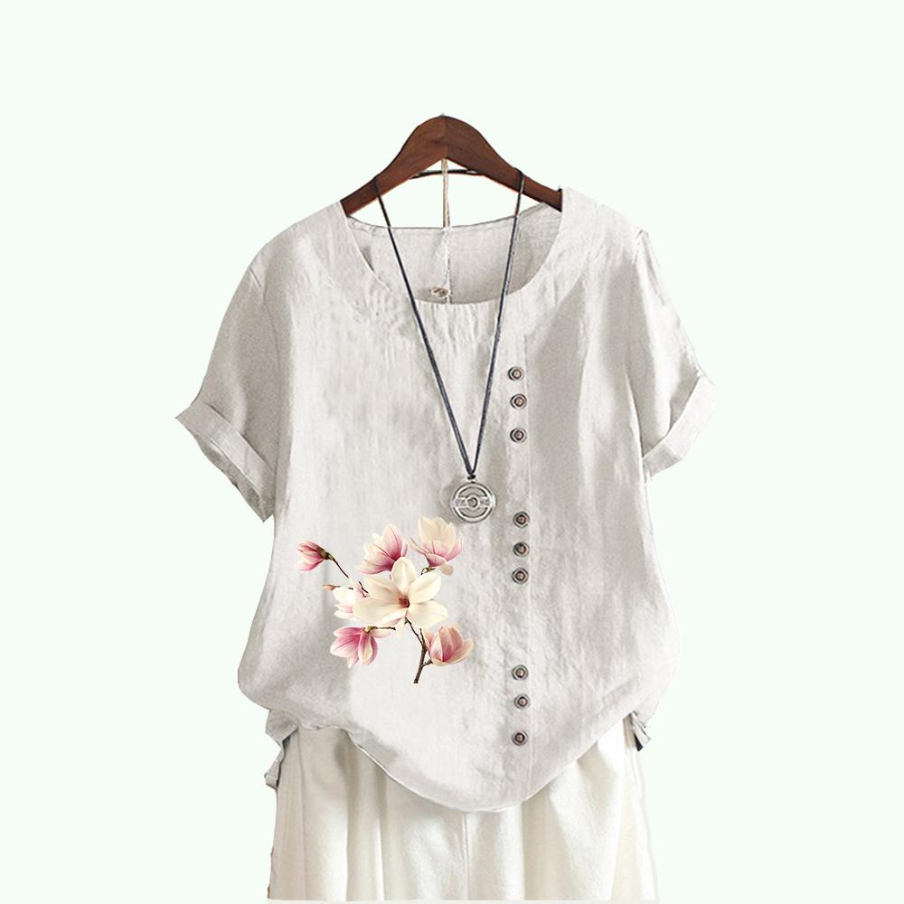 Women Fashion Floral Print T-shirt Summer&fall Casual Round Collar Short Sleeve Top Pullover Loose Cotton Linen Blouses