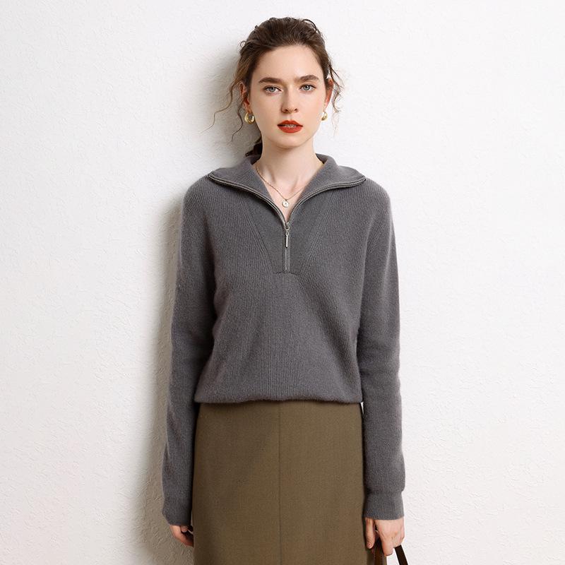 Women's Cashmere Bobble Stitch Half-High Collar Zipper Cardigan
