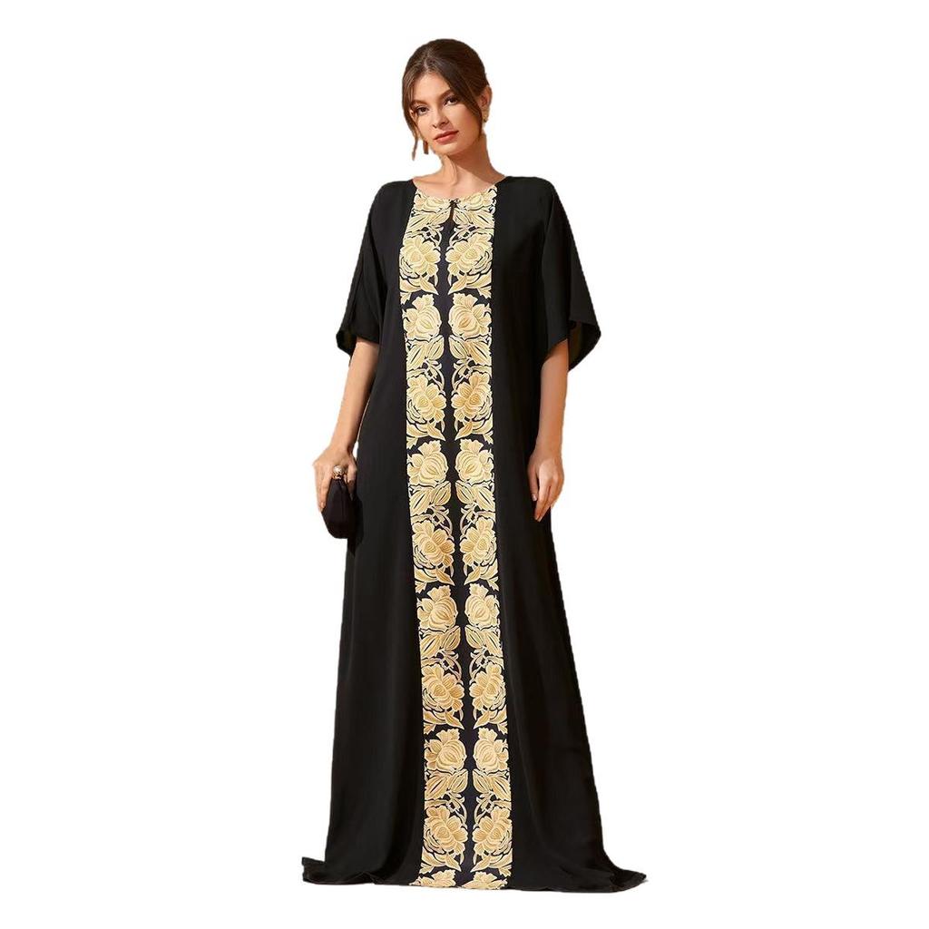 Schwarz-Gold Östlich-Ethnisch Bedrucktes Langes Robenkleid