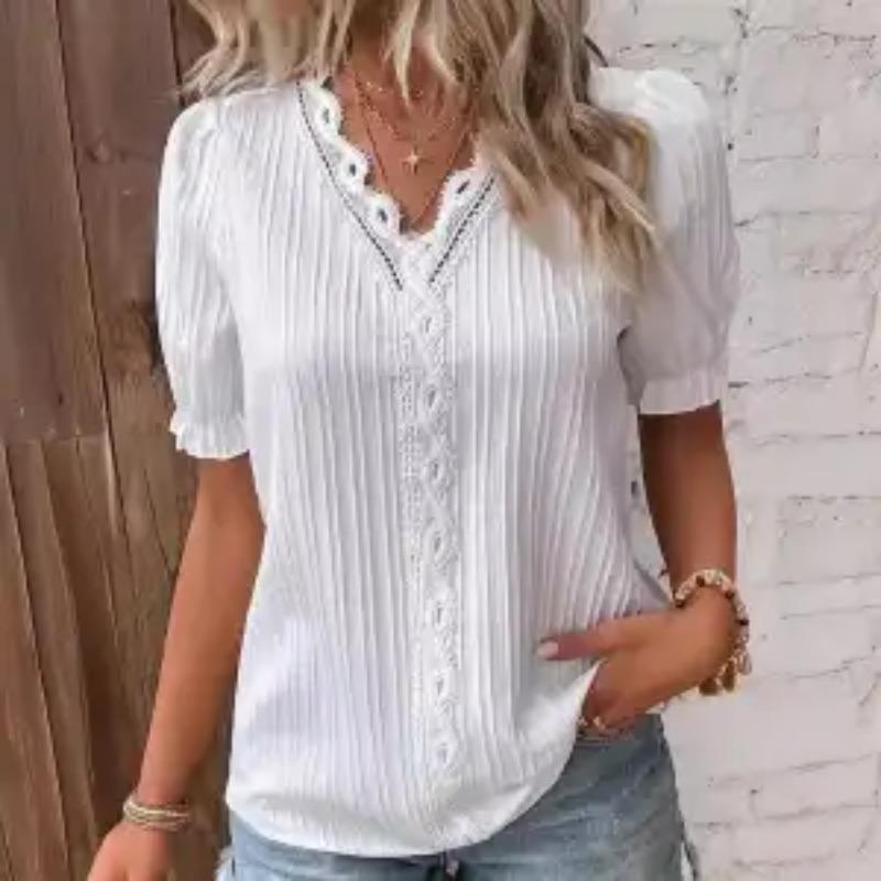 Summer New Holiday Fashion Hollow Solid Color Elegant Short-sleeved V-neck Women's Shirt