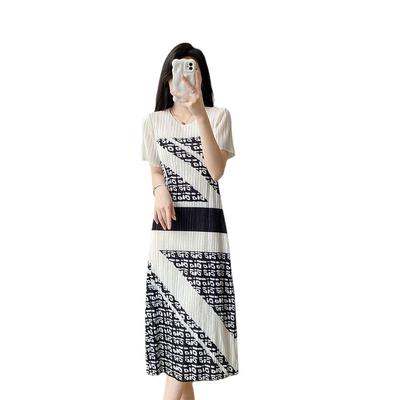 High End Pleated Retro Dress, Mid Length Style Elegant Printed Skirt