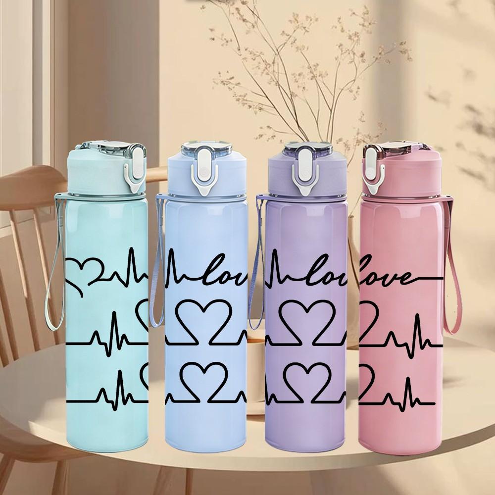 1PC Love Heart Electrocardiogram Line Art 750ml Color Plastic Sports Water Bottle Leakproof Flip Straw Lid Suitable for Sports Office Home Use