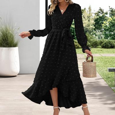 Long Sleeve Maxi Dress for Women V Neck Dot Design Boho Wrap Dress