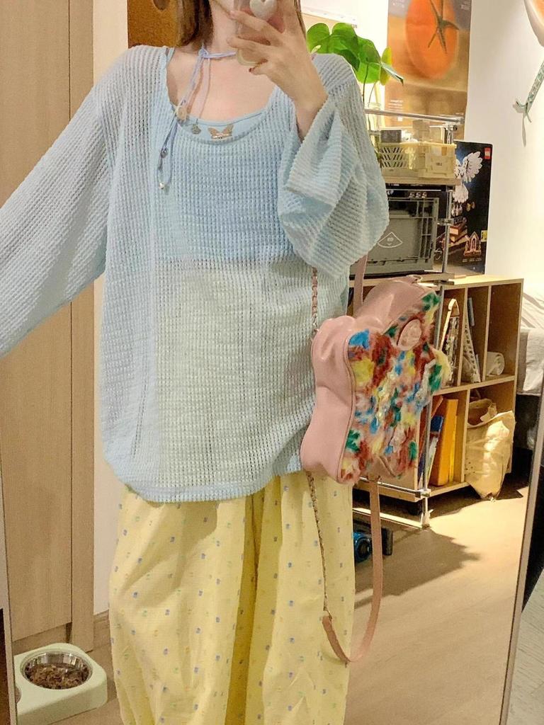 Women's Summer Hollow Long Sleeve Knit Top - Loose Fit, Sun Protection