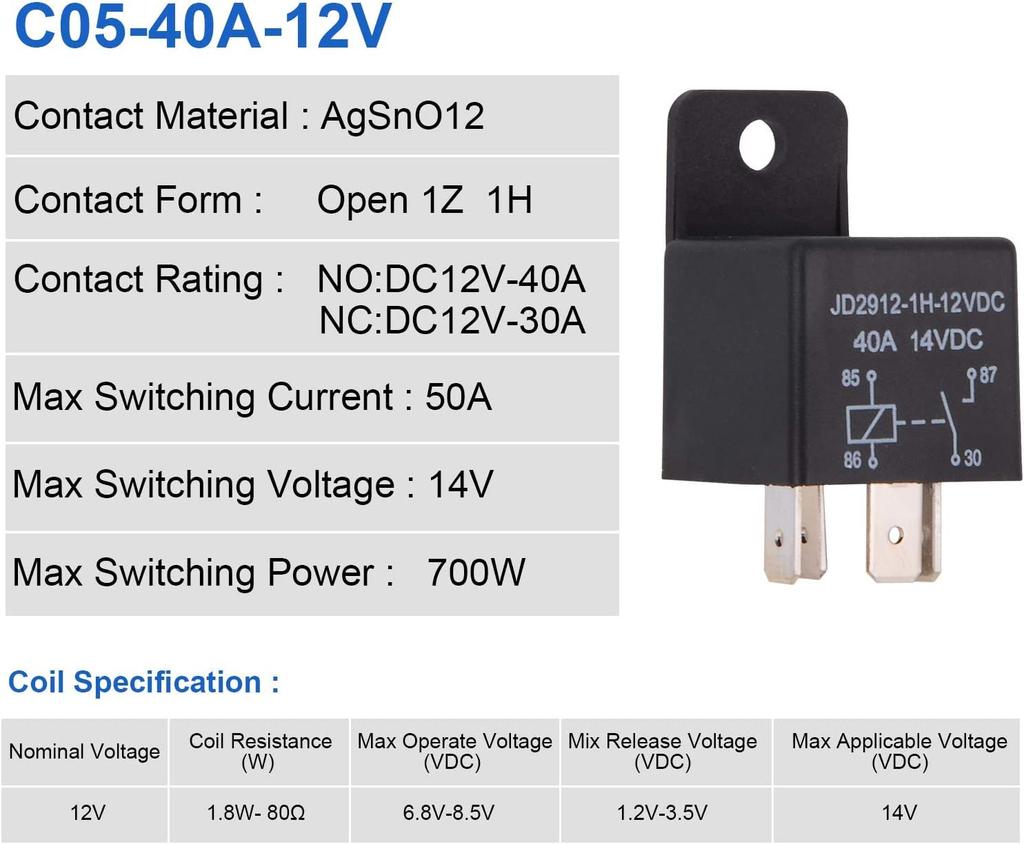 Car Relay 4 Pin 12V 40A SPST Model No.: JD2912-1H-12VDC