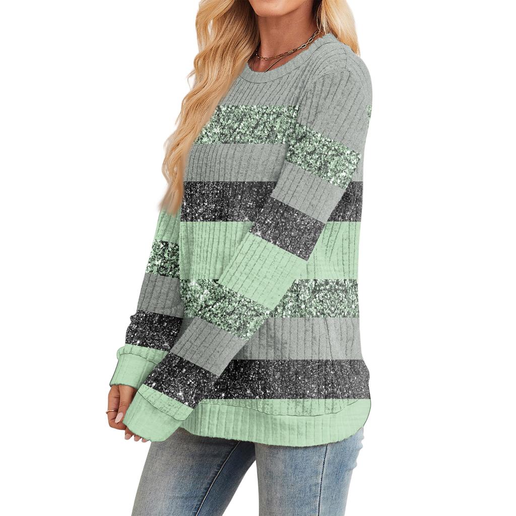 Fashionable Women's Long Sleeved Striped Printed Lightweight Sweater With Loose Round Neck Top