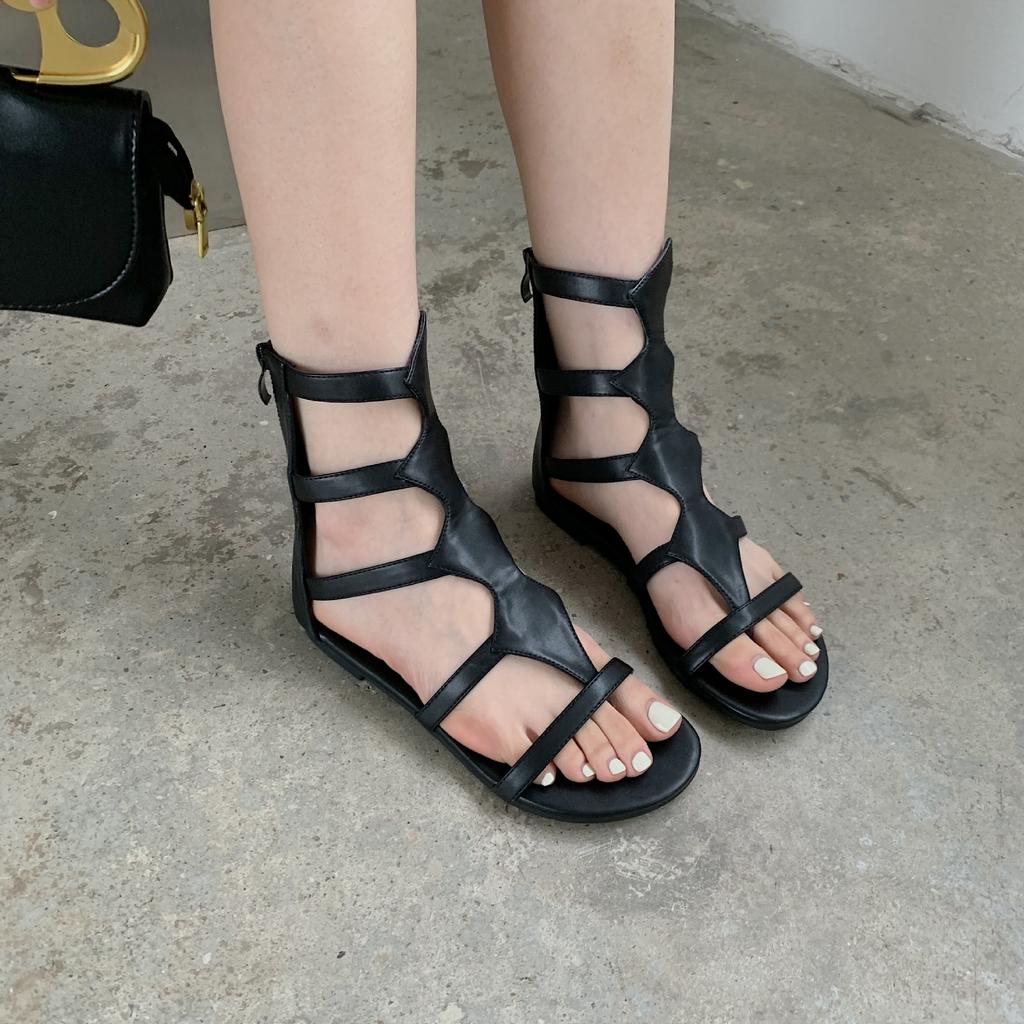 Europe and America Peep Toe Rome Flat Bottom Casual Sandals  2024 New Fashion Zebra Pattern Hollow Out Shoes for Women Summer